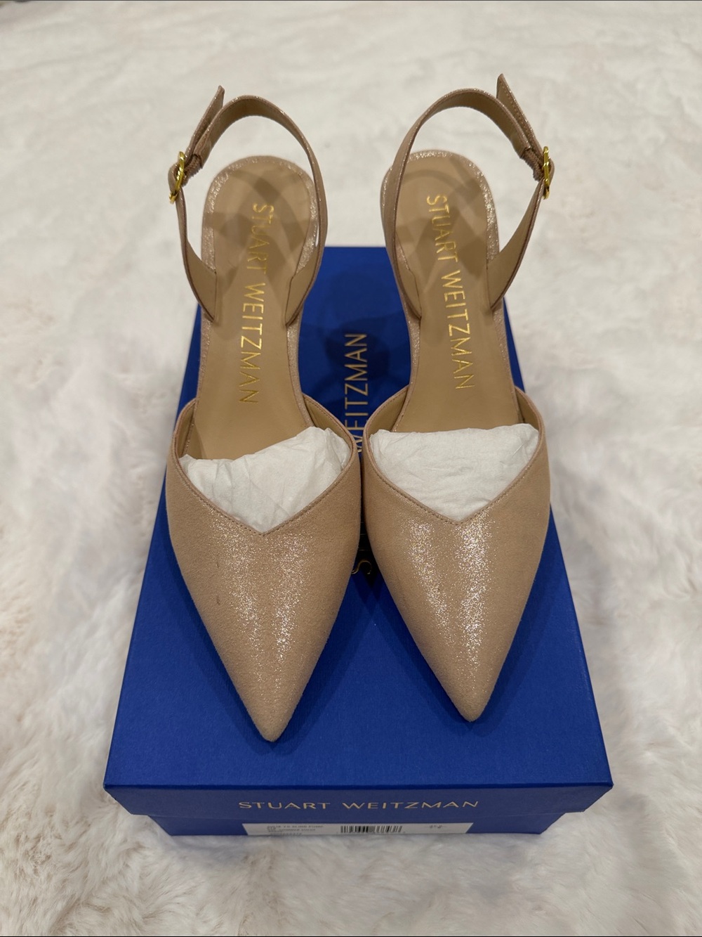 Stuart Weitzman Shimmery Beige Pointed-Toe Slingback Pumps
